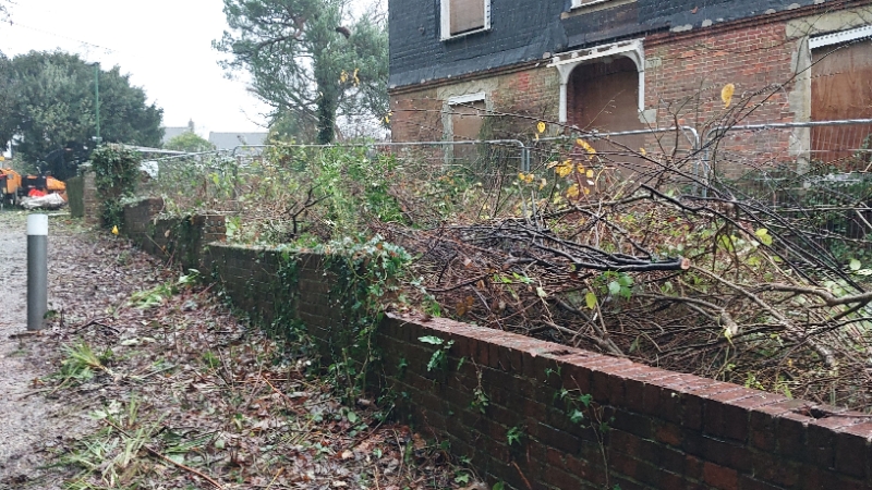 A derelict house with brick wall boundary